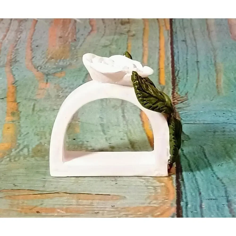Elegant White‎ Rose Napkin Ring with Leaf Accents set of 12